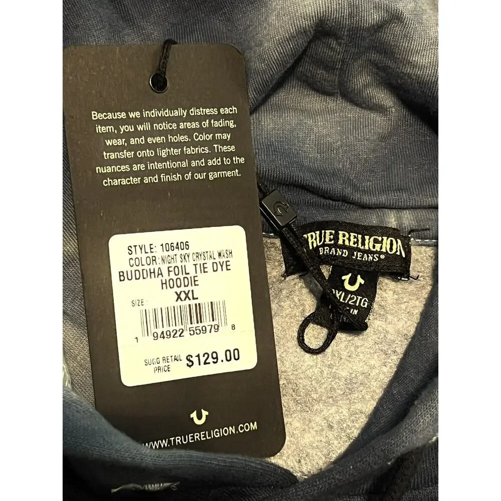 True Religion Buddha Foil Tie Dye Blue Hoodie Mens Size 2XL Pullover XXL NWT